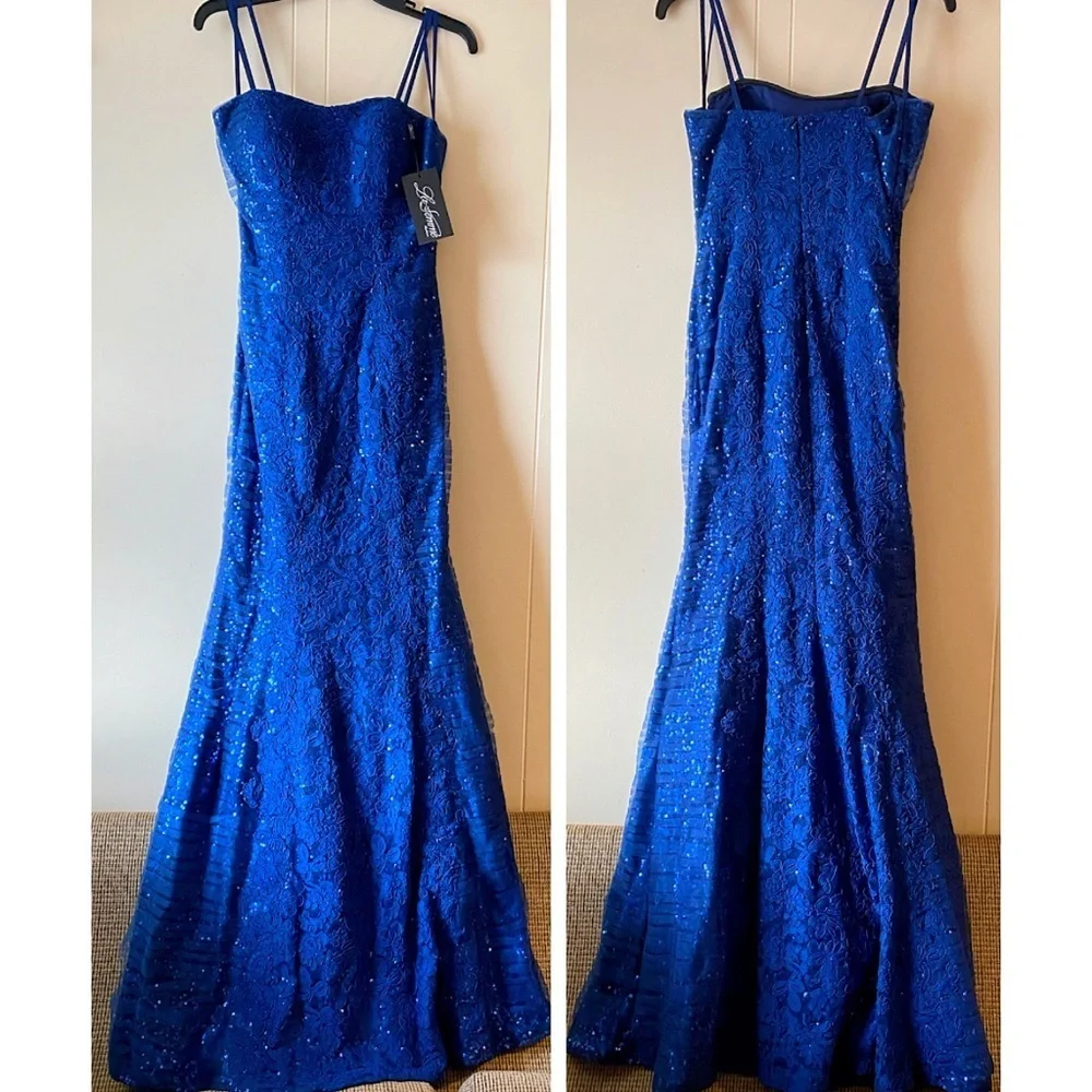 La Femme Navy Blue Floral Strapless Sequin Dress Gown